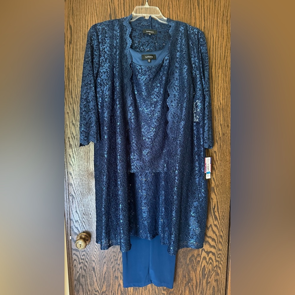 R&M Richards - Metallic Lace Tank Top and Pant Set with Sheer Lace Jacket